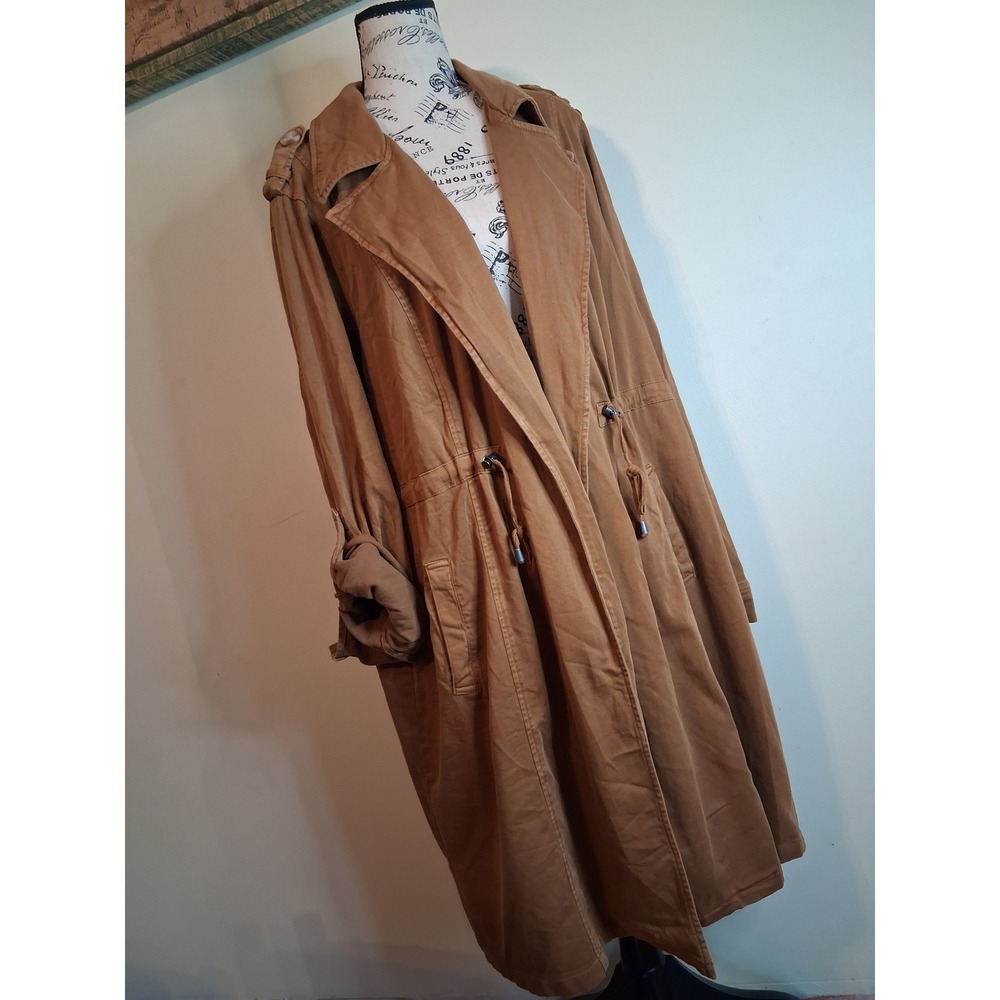 Womens Tobacco Brown Duster Trench Coat Roll Tab Sleeve Drawstring  plus size 3